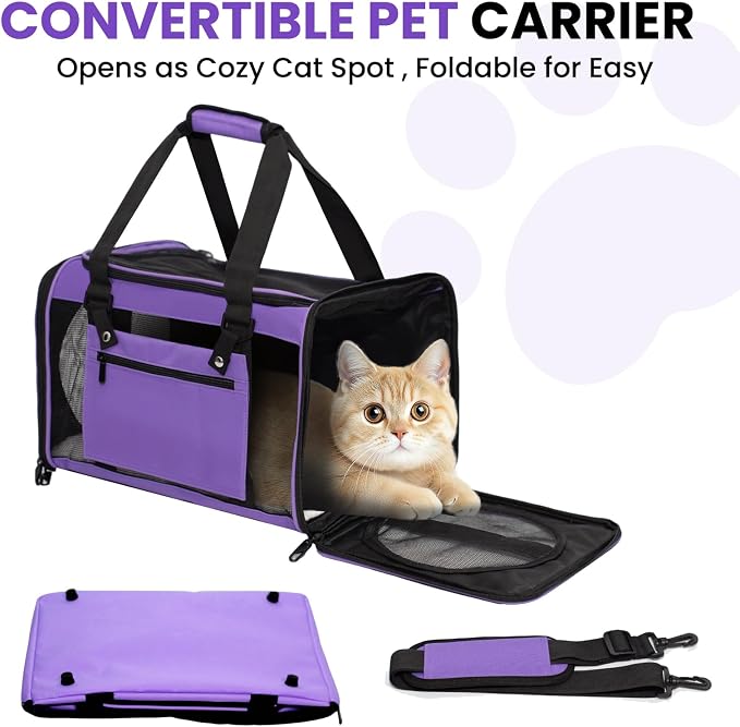 Soft-Sided Cat Carrier Expandable Pet Carrier Airline Approved Mesh Zipper with Lock Travel Carrier Up to 15lbs for Cats Dogs Collapsible Escape-Proof with Strap (18x11x11 Purple-L)