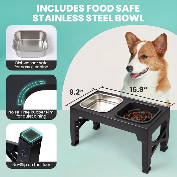 Elevated Dog Bowls, with Slow Feeder Bowl and Stainless Steel Dog Food Bowl, Raised Dog Bowls Adjusts to 5 Heights (3.15", 8.66", 9.84",11.02", 12.2") for Small Medium and Large Dogs