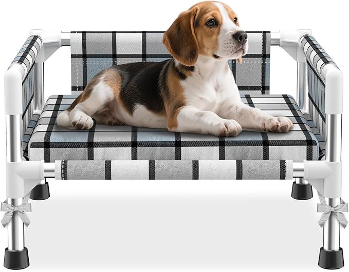 Elevated Dog Bed with with Guardrail & Cushion, Raised 3-Fence Dog Bed | Breathable Lifted Stainless Steel Frame Dog Hammock Bed with Mat for Small Pets, Cooling Washable Dog Cot