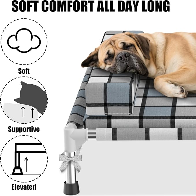 Elevated Dog Bed with Cushion & Bolster, Raised Dog Beds with Pillow & Mat | Cooling Lifted Large Indoor Outdoor Portable Lifted Pet Cot Stainless Steel Frame Indoor Outside Breathable Hammock Beds