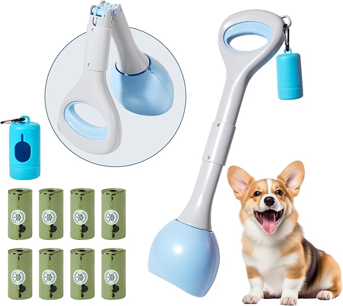 Dog Pooper Scooper Portable with Bag Attachment, One Handed Foldable Design, Includes 120 Waste Bags and Dispenser, 19 Inch Handle for Grass Yard Gravel Cleanup (Blue)