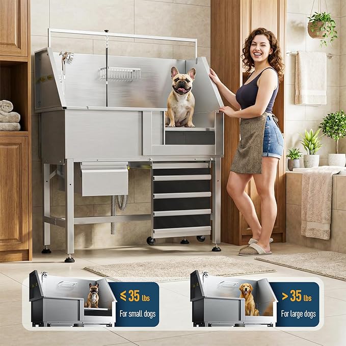 46" Dog Wash Station, 304 Stainless Steel, Side Ramp, 440 lb | Storage Drawer, pet grooming tub, hot cold faucet, fixed sprayer, shampoo dispenser, S-trap, hair filter, garage outdoor use