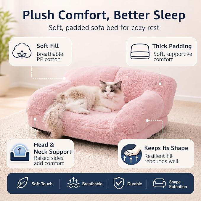 Pink Cat Couch Bed, Washable Plush Sofa for Cats and Small Dogs Pink(18.9 x 14.6 x 9.1 in)