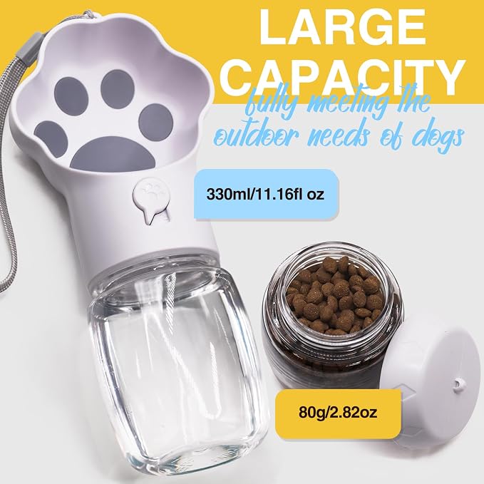 Dog Water Bottle with Food Container, Portable Pet Dispenser, Leak Proof, Hiking, Puppy Travel, Outdoor Activities(11.16 fl.oz/330ml, White)