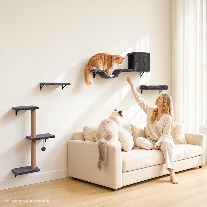 6-in-1 Cat Wall Shelves for Indoor Cats, Wall Mounted Furniture with Bed, Cave, Perch & Scratching Post, Multi-Level Climbing System, Space-Saving Playground, Natural Wood Gray