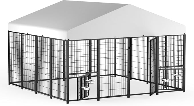 LOVMOR 10' x 10' Outdoor Dog Kennel with Roof for Large Dogs | Heavy duty steel frame, waterproof canopy, double latch door, adjustable feeding bowls for yards and patios