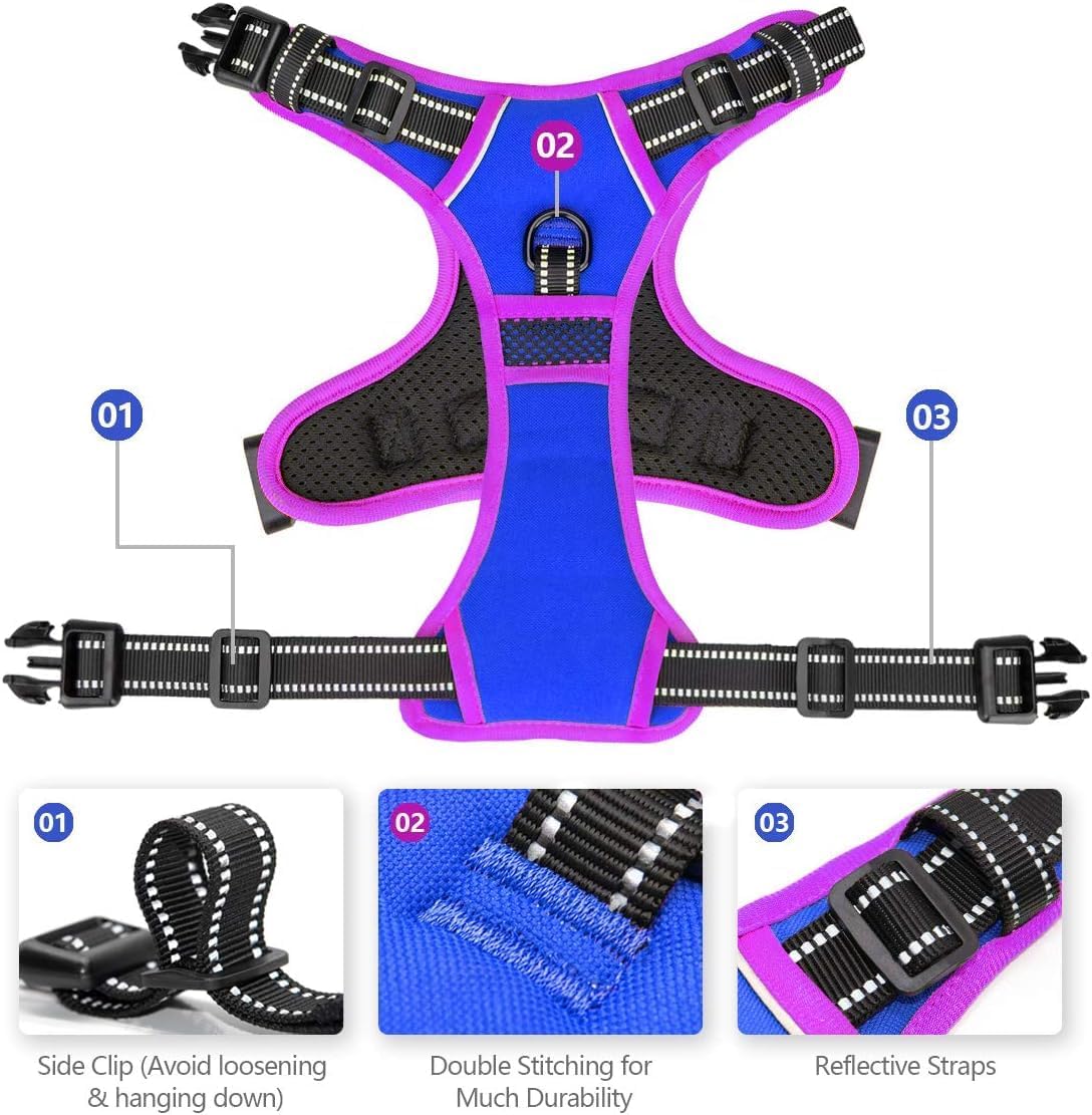 PHOEPET 2019 Upgraded No Pull Dog Harness, Reflective Adjustable Vest, with a Training Handle + 2 Metal Leash Hooks+ 3 Snap Buckles +4 Slide Buckles(XL, Royal Blue)