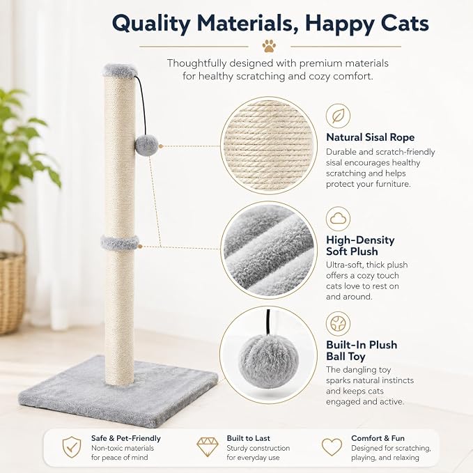 Dimaka 34" Tall Cat Scratching Post for Large Cats and Kittens, High Vertical Scratcher with Premium Natural Sisal Rope and Interactive Hanging Ball for Indoor Cat(Grey, 34 inches for Large Cats)