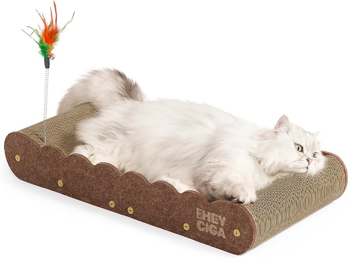 EHEYCIGA 26'' Large Cardboard Cat Scratcher Bed with 2 Cat Teaser Toy | Extra Large Fun Zone, Orthopedic Cat Couch Scratcher for Indoor Cats, Durable Cat Scratching Board, Easy Install