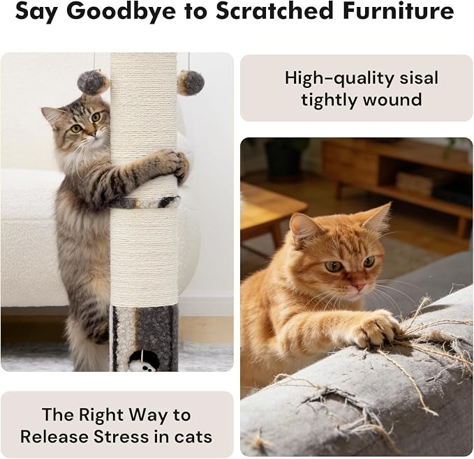 Woochpet Cat Scratching Post 34 Inch Tall Heavy Duty Sisal Scratcher with Interactive Track Mouse Toy Condo Top Jingle Balls for Indoor Kittens,Grey