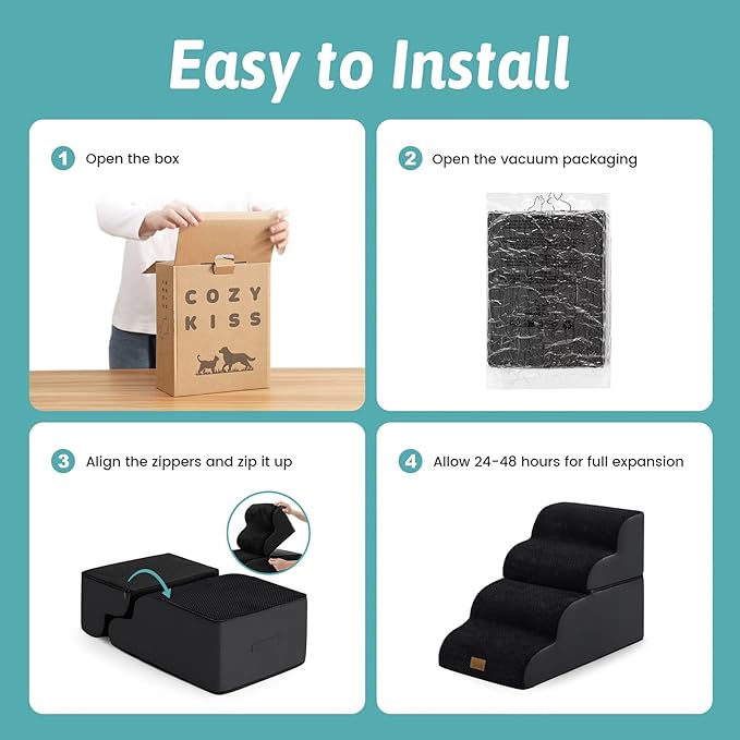 Detachable Curved Dog Stairs 19.7" H, 4 Step Small Dog Step for Puppy or Older Cat, Ramp for Bed, Sofa, Couch or Chair, Ladder with High Density Foam, 15.7x28.3x19.7 inch, Black