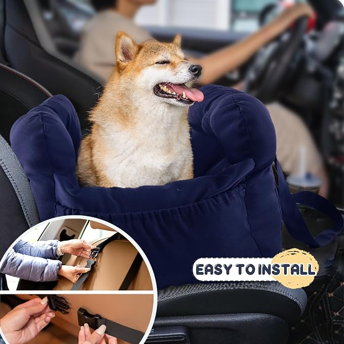 Dog Car Seat for Small Dogs, Portable Puppy Car Seat of Easy Installation, Fashionable Pet Carrier Bag with Large Pockets, Machine Washable Dog Booster Seat (Navy)