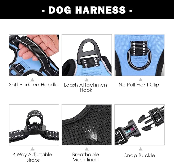 No Pull Dog Harness 3M Reflective Adjustable Vest with a Training Handle, Name ID Pocket, 2 Metal Leash Hooks, 3 Snap Buckles [Easy to Put on & Take Off](L, Baby Blue) | Name ID Pocket, 2 Metal Leash Hooks, 3 Snap Buckles [Easy to Put on & Take Off](L,...