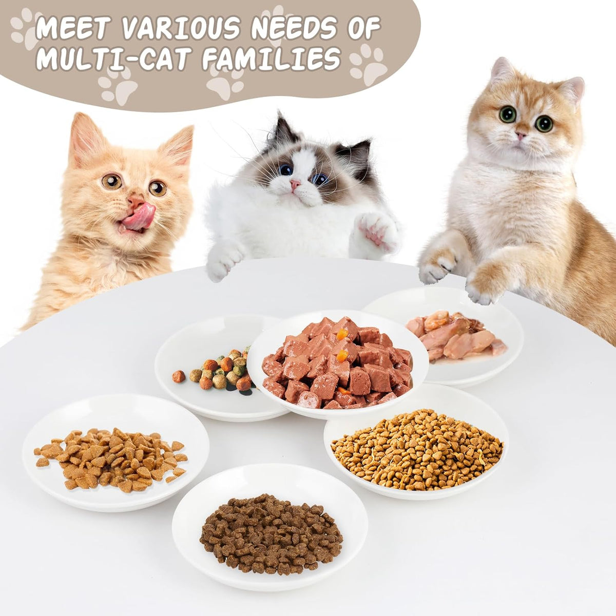 6 Pack Cat Food Bowl, Ceramic Cat Bowls, Anti Whisker Fatigue Cats Bowl Set,5.5 Inches Shallow Wide Kitten Plates for Food and Water (Cat's Paw+Fishbone)