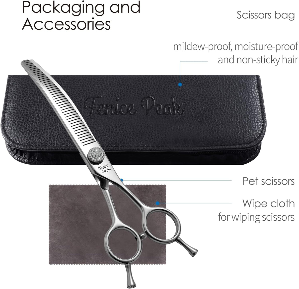Fenice Peak 7.5‘’ Curved Thinning Dog Grooming Scissors with Jewelled Screw 440C Stainless Steel Pet Grooming Bulking Shears with Symmetrical Handle and Decorative Tail Nails Fluffy Scissors