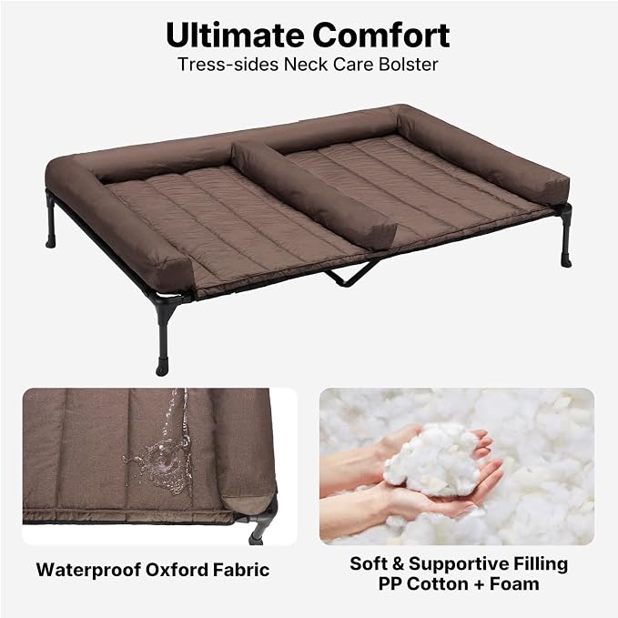 Veehoo Elevated Dog Bed for 2 Dogs, Cooling Raised Dog Bed with Bolster Mat | Outdoor Double Dog Bed with Removable Waterproof Cushion, Breathable Mesh, Non-Slip Feet for Outdoor & Indoor, 49", Brown