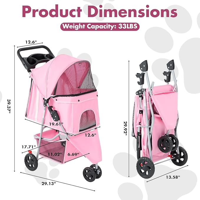 3 Wheels Pet Stroller,Storage Basket and Cup Holder, Breathable Mesh, Waterproof and Foldable for Small/Medium Dogs and Cats Strollers, Lightweight Travel Carrier for Daily Walks & Outdoor，Pink