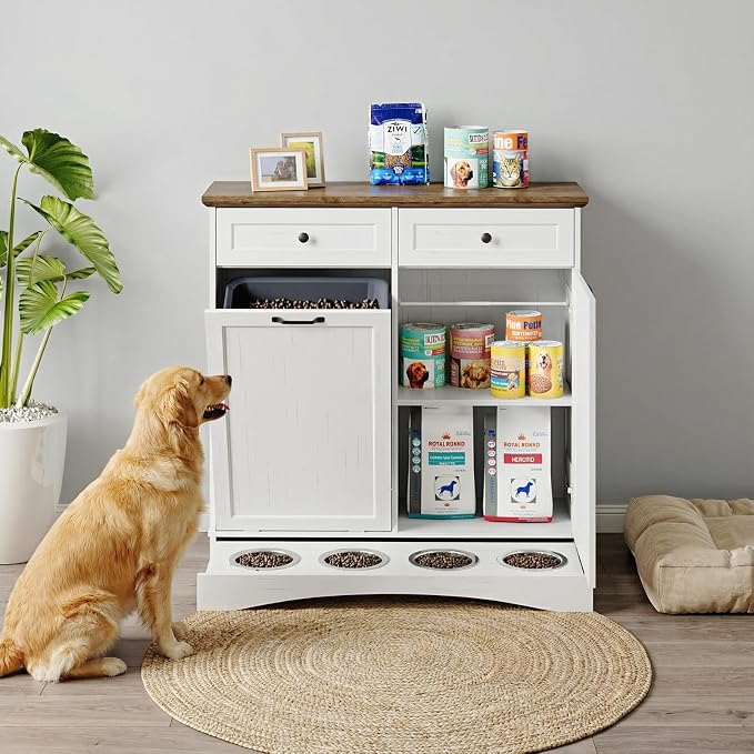 39.7’’W Dog Feeding Station, Tilt-Out Dog Food Cabinet for Multi-Pets, Pet Feeder Station with 4 Feeding Bowls, Dog & Cat Storage Organizer with Hanging Rod, (White, Dual Doors)