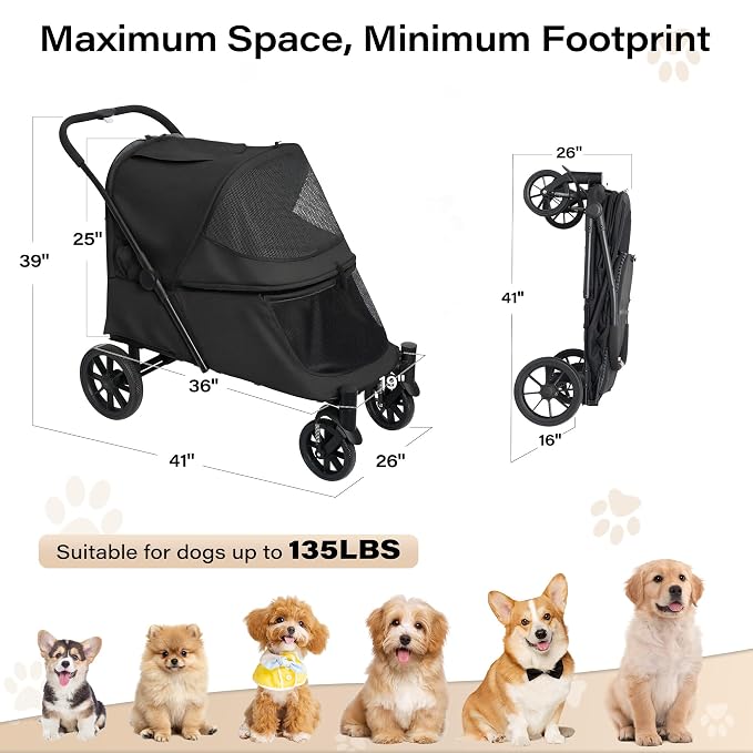 LAUSAINT HOME 4 Wheels Pet Stroller, Foldable Oversized Dog Stroller for Medium & Large Dogs with Built-in Access Ramp, Lightweight Dog Cat Carrier with Breathable Mesh Cover, Khaki