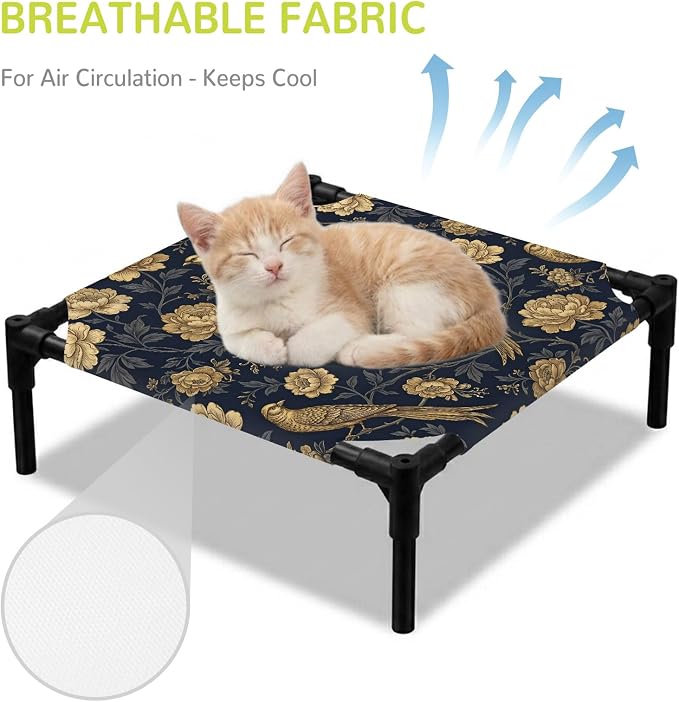 Outdoor Elevated Dog Bed for Small Dogs, Vintage Flowers Breathable Cooling Raised Dog Cot for Indoor/Outdoor, Birds on Branch Floral Elegant Plants Waterproof Elevated Pet Beds, S 20 x 20 in