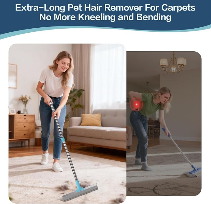 3 in 1 Carpet Rake for Pet Hair Removal, Reusable Pet Hair Remover Broom with 54" Adjustable Long Handle, Dog Cat Carpet Scraper Brush Tool Kit for Cleaning, Dog Fur Broom for Rugs, Mats, Couch