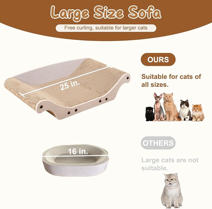 Cat Scratcher Bed 25" Large Cardboard Cat Couch Scratcher | Cat Scratcher Sofa for Large Cats, Abrasion Resistant Curve Cardboard Cat Sofa, Widened Scratch Pad for cats with catnip