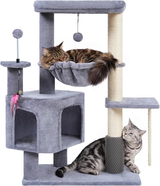Cat Tree for Indoor Cat, with Cat Condo and Hammock, Grey | Cat Tree with Self-Grooming Brush and Toy Balls,Cat Tower with Scratching Posts