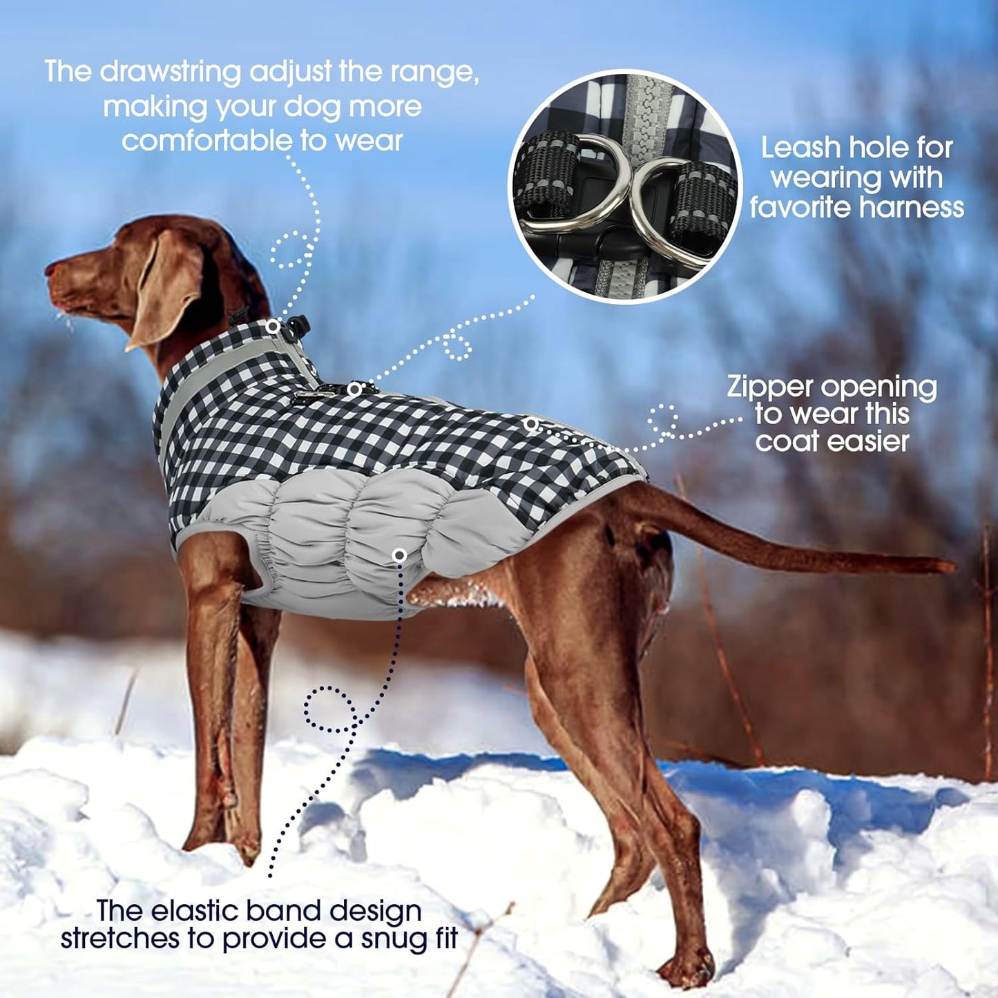 FUAMEY Dog Coat for Small Dogs,Waterproof Dog Winter Jacket with Harness Built in Puppy Cold Weather Coats Reflective Pet Vest with Zipper Warm Fleece Dogs Snowsuit Windproof Checkerboard S