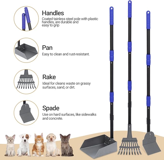 Dog Pooper Scooper, Dog Poop Tray and Rake Set with Long Stainless Handles | Pet Waste Removal Scoop with Adjustable Sectional Handles