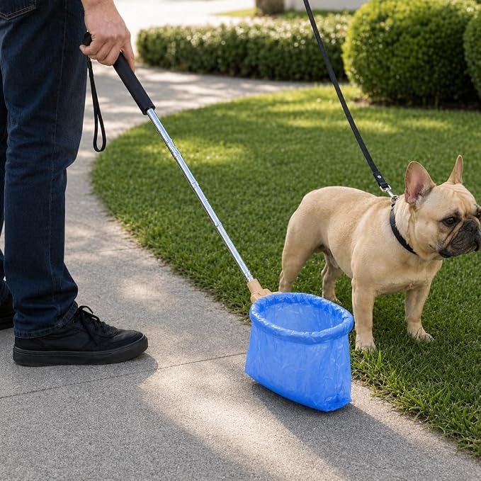 Pooper Scooper for Dogs, Hands-Free Pet Waste Pickup Tool, Foldable 8 Inch Design with 32 Inch Extendable Handle, Stainless Steel Rod, Includes 15 Bags for Yard, Walks and Travel