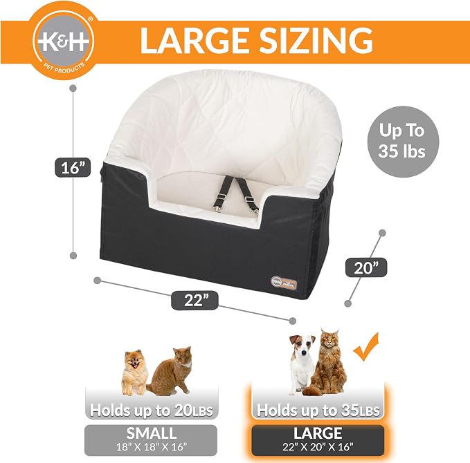 K&H Dog Car Seat, Bucket Booster for Small to Medium Pets, L Black/Cream | Collapsible Dog Car Seats for Small Dogs. Seat Belt Secured, 2 Safety Leashes, Washable Covers