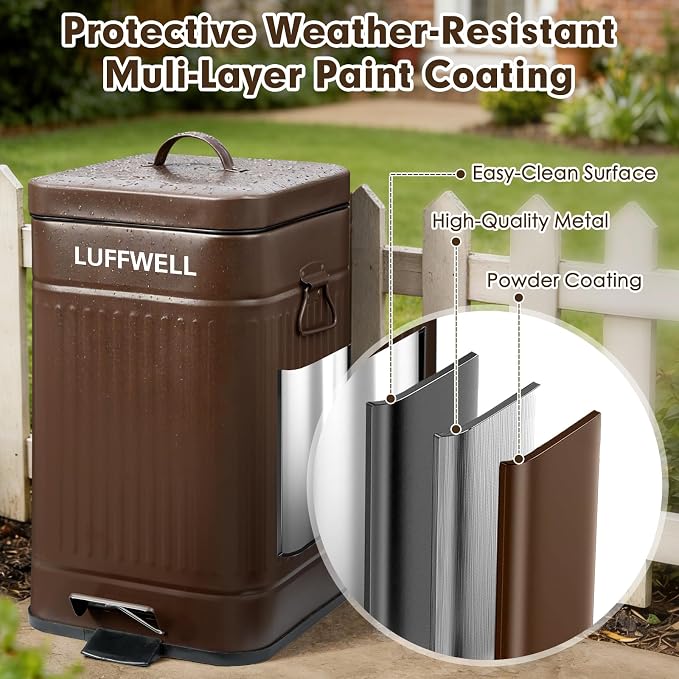 Dog Poop Trash Can Outside, 12L Metal Bin, Tray & Spade | 2 carbon filters, Step-to-open pedal, Soft-close lid, Anti-tip securing ring, Easier cleanup, Stays upright