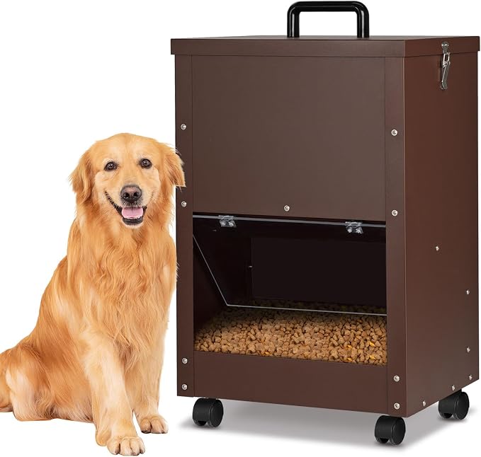 45Lbs Automatic Dog Feeder Large Breed, Easy to Move with Wheels | Large Capacity Outdoor Gravity Dog Feeder, Galvanized Metal Self Feeding Dog Food Dispenser with Clear Door