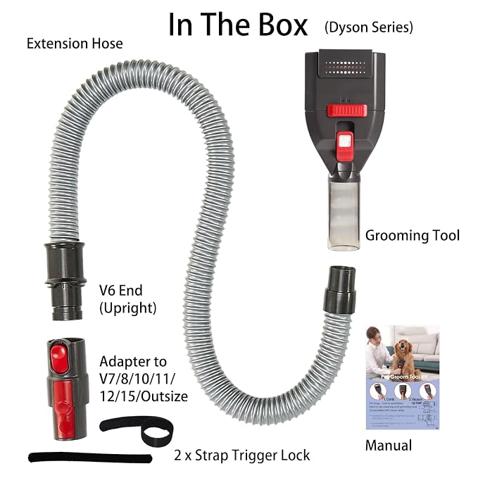 Dog Hair Vacuum Attachment for Dyson Cordless Upright Vac, Groom Tool Pet Shedding Brush for V6 V7 V8 V10 V11 V15 DC41 DC65 UP13-UP30 Animal, Grooming Kit with Long Extension Hose Adapter