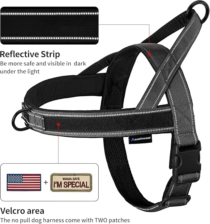 Annchwool No Pull Dog Harness with Padded Handle+5 Ft Leash,Reflective Strip Escape Proof and Quick Fit to Adjust Dog Harness,Easy for Training Walking for Small & Medium and Large Dogs(Black-Set,XL)