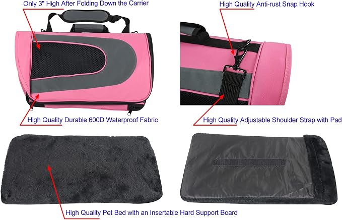 EliteField Deluxe Soft Pet Carrier (3 Year Warranty, Airline Approved), Multiple Sizes and Colors Available (18" L x 10" W x 11" H, Pink+Gray)