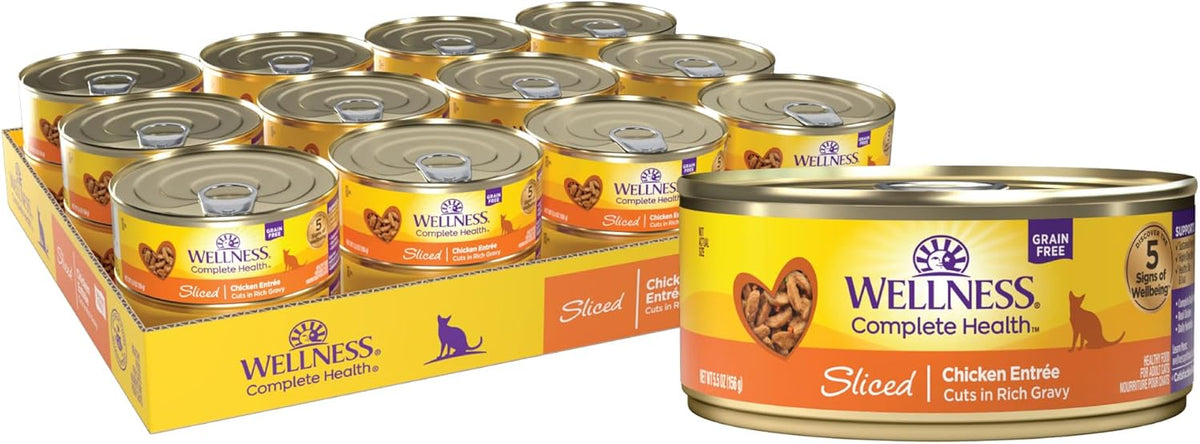 Wellness Complete Health Sliced Adult Wet Cat Food, Natural, Protein-Rich, Grain Free, 5.5 Ounce, 24 Pack, (Chicken Entrée)