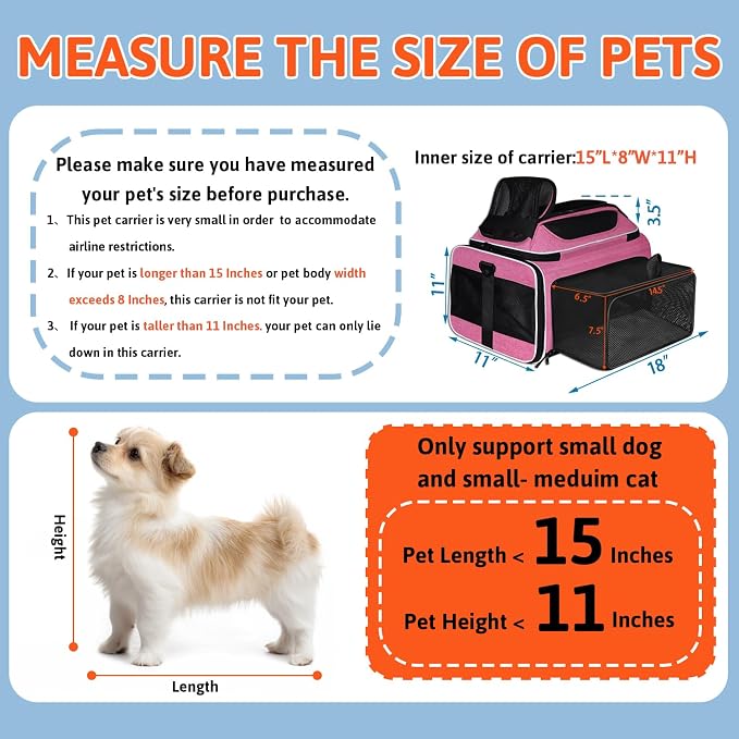Petskd Top and Side Expandable Pet Carrier 18x11x11 Inches Delta United Airline Approved, Soft-Sided Carrier for Small Cats and Dogs with Locking Safety Zippers and Anti-Scratch Mesh(Pink)