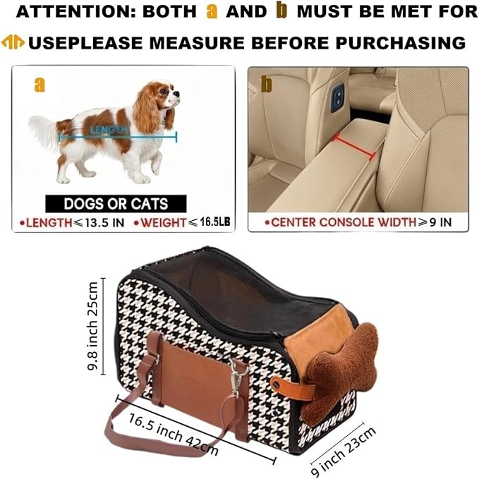 Center Console Dog Car Seat with Breathable Mesh Cover, Pet Puppy Car Seat, Middle Console Dog Armrest Booster Seat with Ventilated Mesh for Small Dogs&Cats,16.5''*9.8''*9''