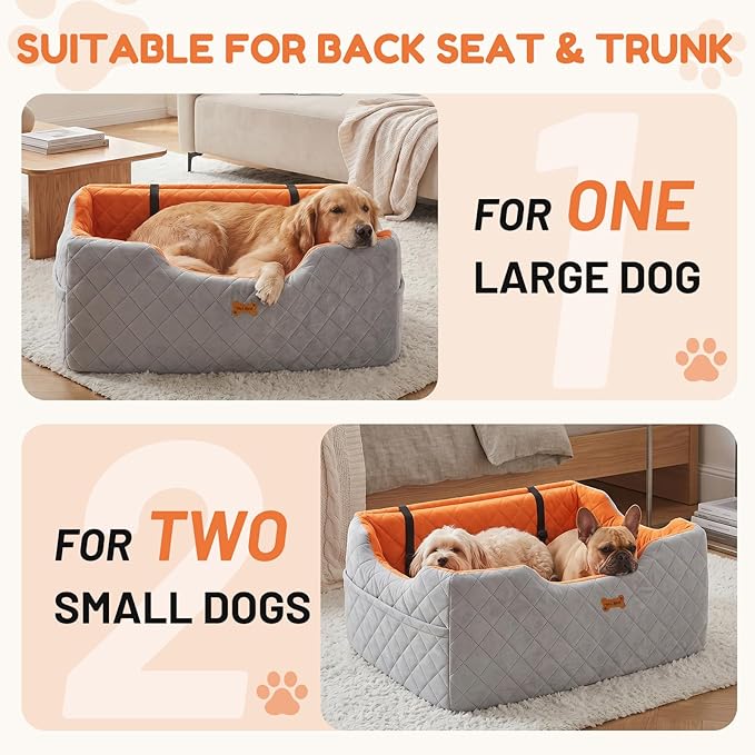 Dog Car Seat for Large Medium Dogs up to 55 lbs, Memory Foam Dog Booster Seat with Storage Pocket, 2 Safety Leashes,Washable Cover, Portable Anxiety Pet Travel Bed, Gray