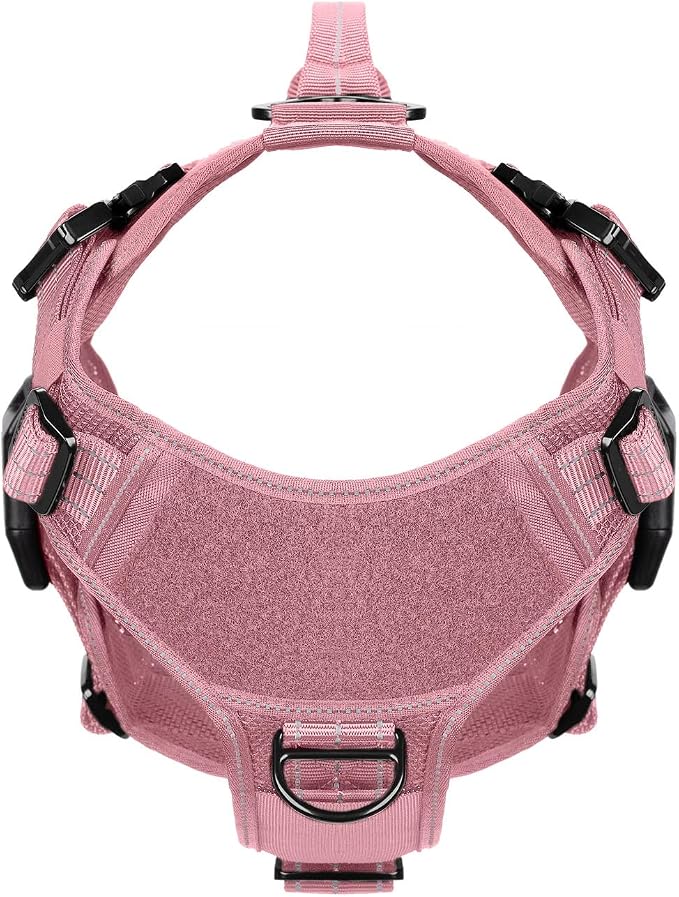 ICEFANG Tactical Mesh Dog Harness X-Large Dogs,Reflective Dog Molle Vest | Summer-Cooling, Control Handle,Adjustable,Front Hook,3 Leash Clips,Soft Padded,No Pull,Pink,X-Large