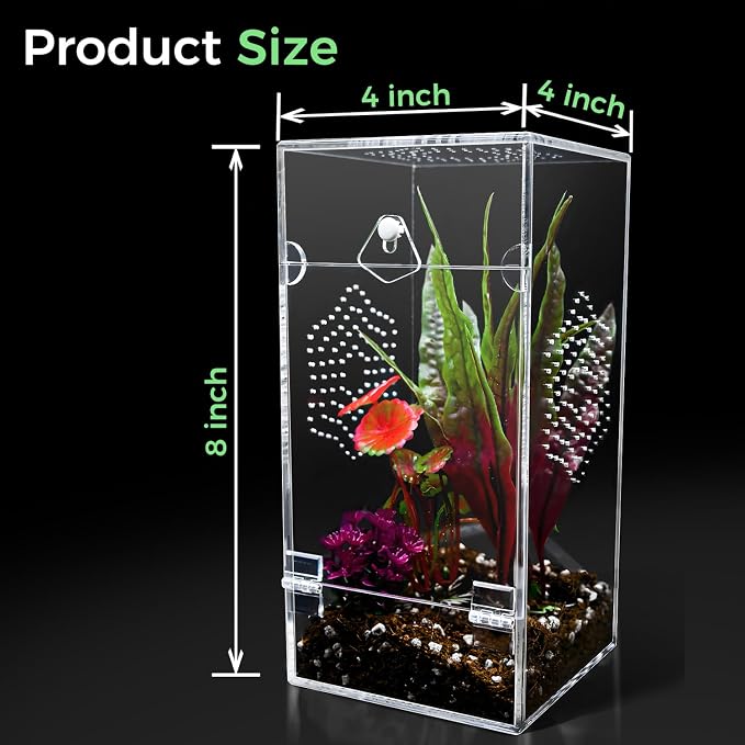 Acrylic Jumping Spider Enclosure, Secure Front Opening Door, 4x4x8 inch, Ventilated Habitat for Tarantulas, Mantis, Hermit Crabs & Small Pets