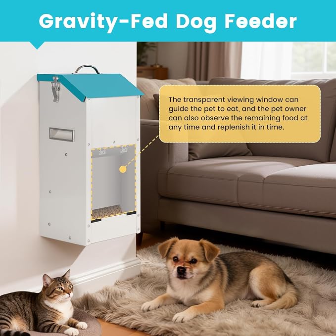 Automatic Dog Feeder Large Breed, Galvanized Dog Dry Food Dispenser | 15lbs Wall Mountable Gravity Pet Food Station Auto Feeder Self Feeding with Clear Door for Puppy, Dog, Cat Outdoor Indoor