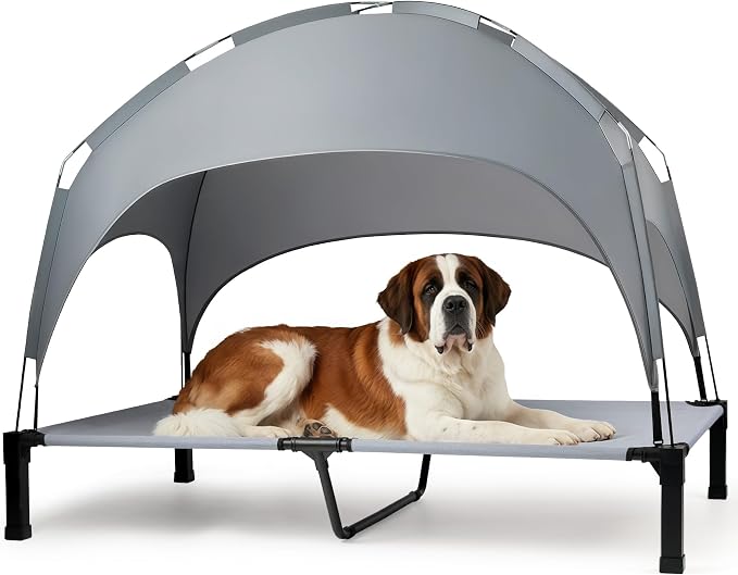 Elevated Dog Bed with Removable Canopy, Sun Protection Shade Tent Dog Cot | Portable Outdoor Dog Bed, Raised Pet Cooling Cot Bed for Dogs, 60in
