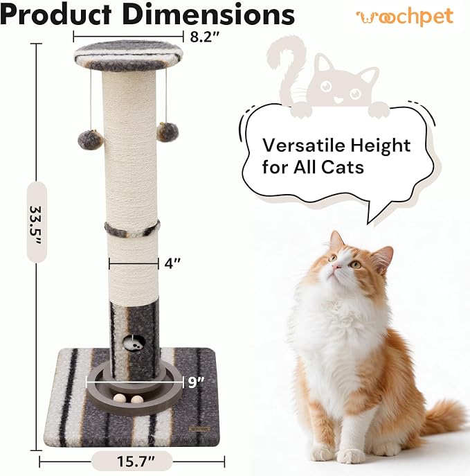 Woochpet Cat Scratching Post 34 Inch Tall Heavy Duty Sisal Scratcher with Interactive Track Mouse Toy Condo Top Jingle Balls for Indoor Kittens,Grey