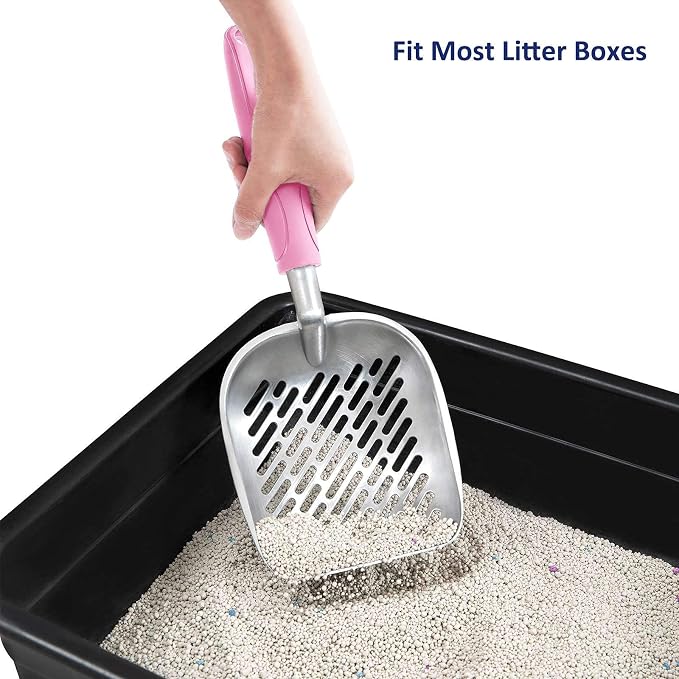 Cat Litter Scoop, Aluminum Alloy Sifter, Kitty Metal Scooper, Deep Shovel with Diagonal Sifting Hole, Long Handle, Kitten Poop Lifter for Litter Box, Medium Size, Pink Handle