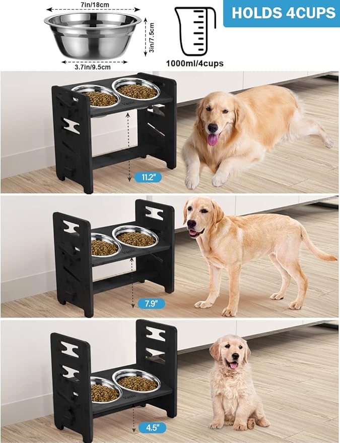 Elevated Dog Bowls, Raised Dog Bowl Stand Adjustable Medium, Black | Bamboo Elevated Feeder with 2 Stainless Steel Bowls, Adjustable Height Stand for Medium Dogs