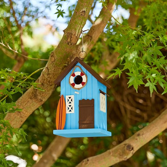 Glitzhome Blue Bird Houses for Outdoors, 10" H Modern Solid Wood Cottage Hand Painted Hanging Bird House Beach Hut Decorative Pet Cottage Outdoor Garden Birdhouse for Wren Finch Cardinals,Blue