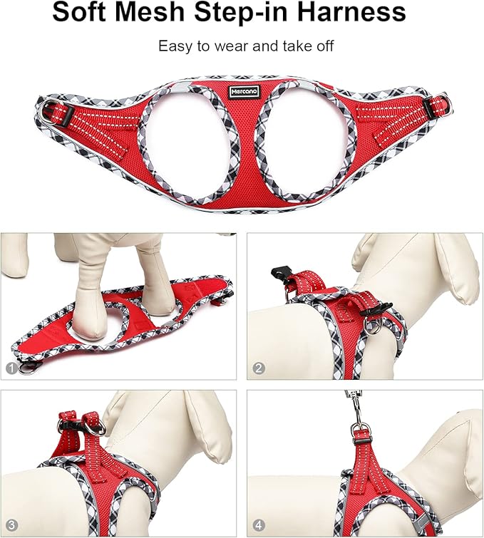 Mercano Soft Mesh Dog Harness and Leash Set, No-Chock Step-in Reflective Breathable Lightweight Easy Walk Vest Harnesses with Safety Buckle for Small Dogs, Cats (Red, XL)