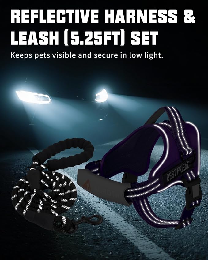 AUROTH Dog Harness and Leash Set for Large Sized Dog, No Pull Dog Vest | with Leash Clips, LED light clip, Soft Padded No Choke, Escape Proof, Easy Walking and Training, Purple, XL
